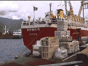 Un'immagine del Taporo VI attraccato nel porto di Papeete. A bordo di questo cargo è stato trasportato da Papeete a Raiatea il nuovo albero di Miranda V, la barca della redazione.